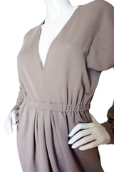 1970s Taupe Grey Plunge Halston Dress