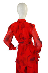 1970s Printed Red Silk Chiffon Set