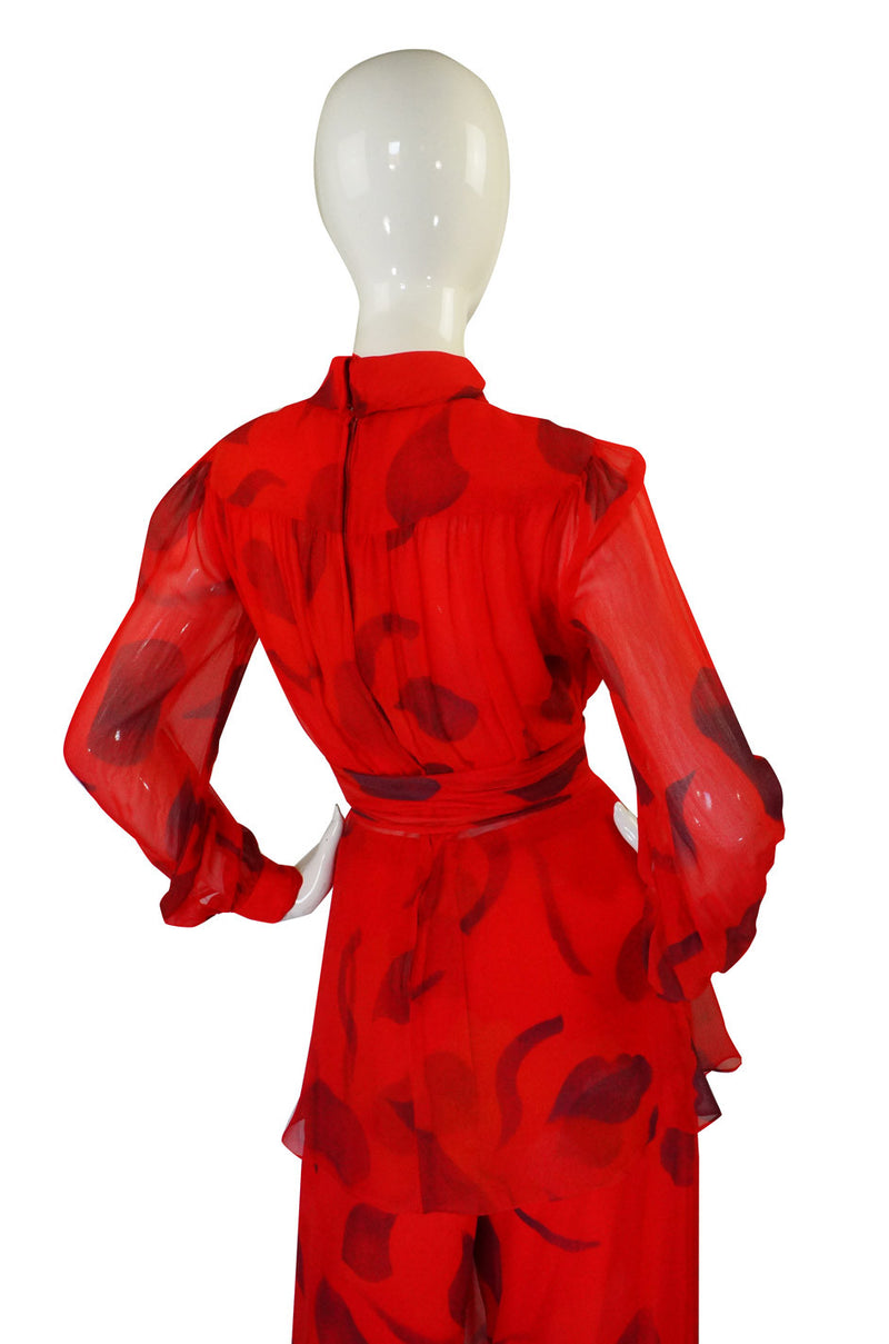 1970s Printed Red Silk Chiffon Set