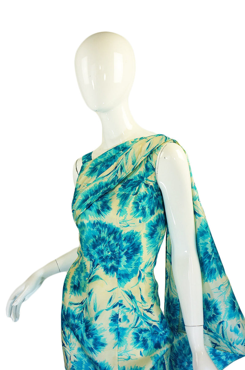 1950s Blue Print Draped Silk Wiggle Dress