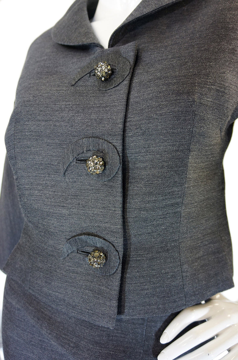 1950s Grey Silk & Rhinestone Button Suit