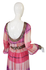 1960s Pink & Gold Silk Chiffon Dress with Silver Beading
