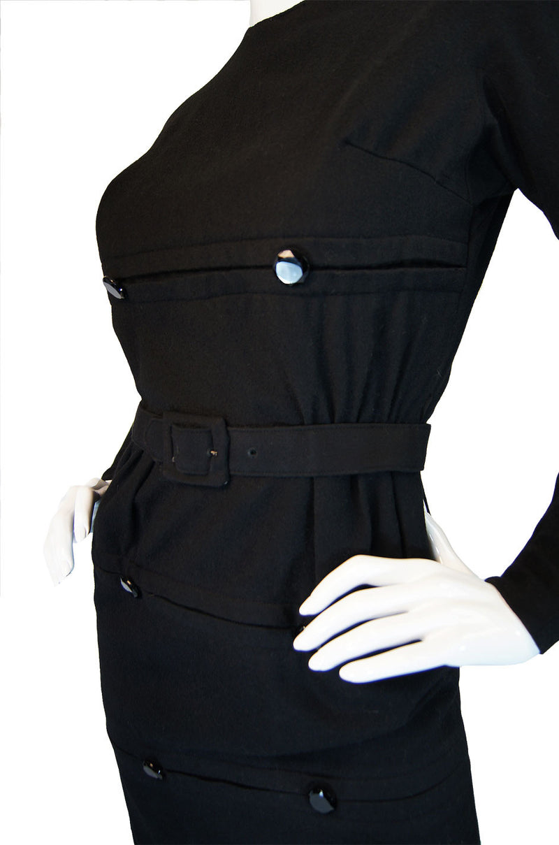 1940s Button Detail Black Wiggle Dress