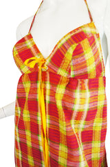 1970s Gingham Print Lace Front Halter Maxi Dress