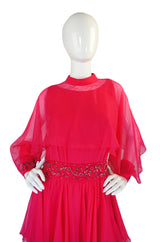 1960s Silk Chiffon Tiered Dress w Capelet