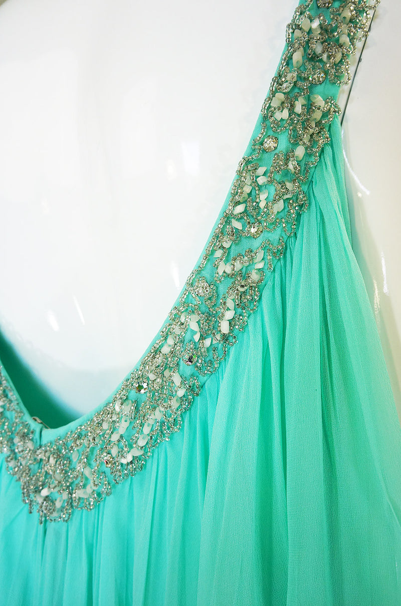 1960s Silk Chiffon Turquoise Bead Gown