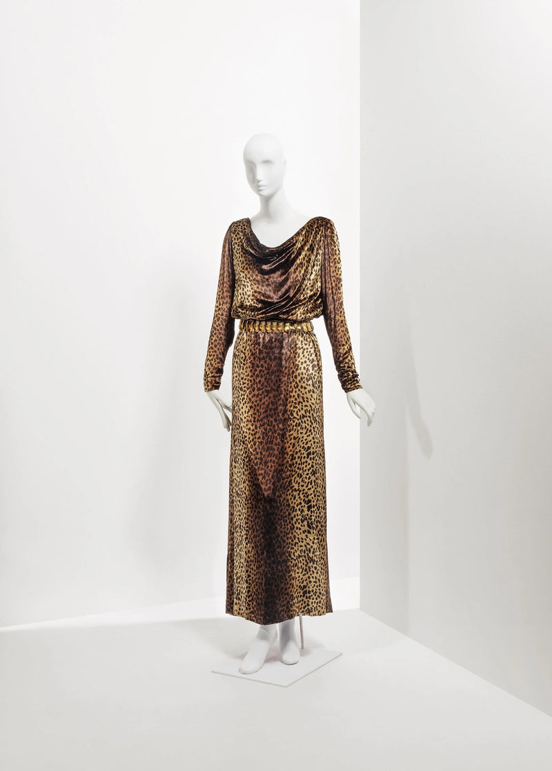 Important Spring 1993 Yves Saint Laurent Runway Draped Neckline Panne Velvet Leopard Print Dress