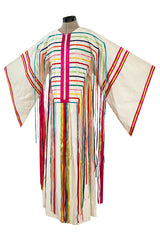 Joyful 1960s Josefa Mexico Rainbow Ribbon on Ivory Cotton Caftan Dress w Zip Front