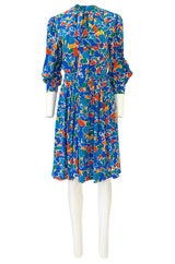 Spring 1983 Yves Saint Laurent Silk Multi Color Print on Blue Dress