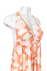 1970s Young Edwardian Marilyn Monroe Plunging Nylon Jersey Print Dress