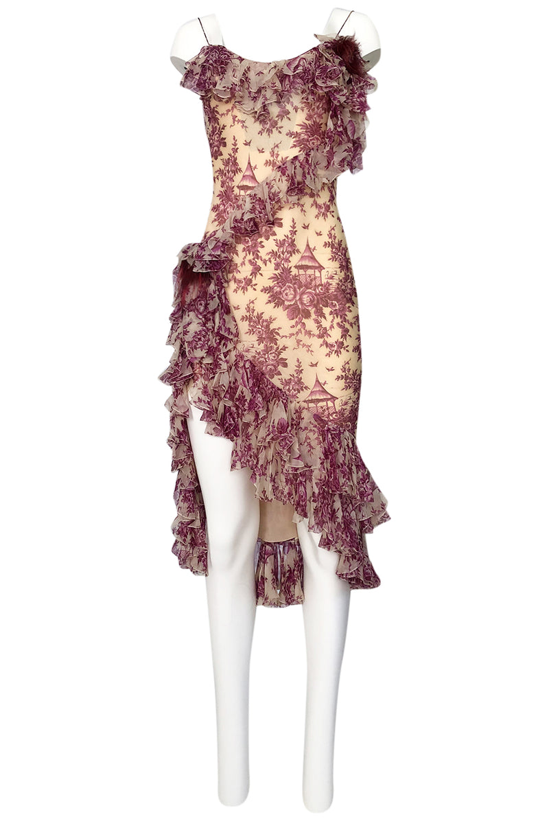 2000s John Galliano Purple Floral Print Silk Bias Cut Ruffle Dress