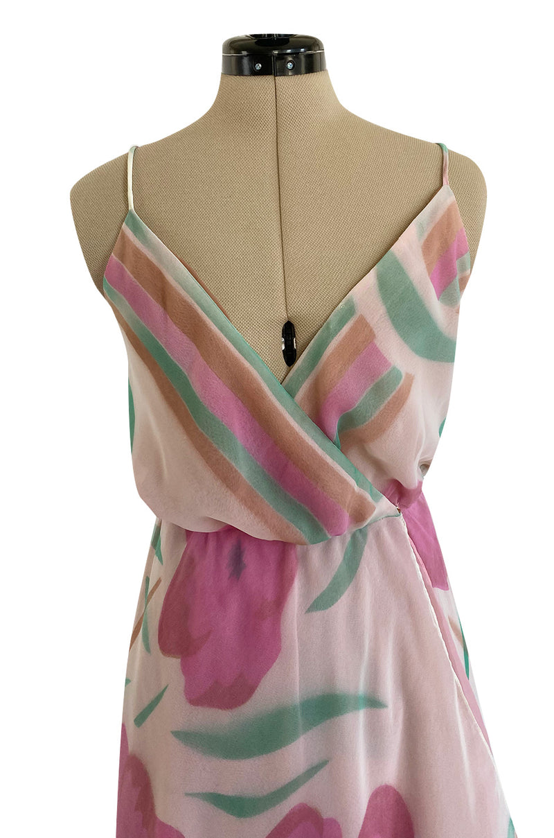 Pretty 1970s Multiple Layer Pink Floral Chiffon Wrap Dress w Asymmetrical Hem