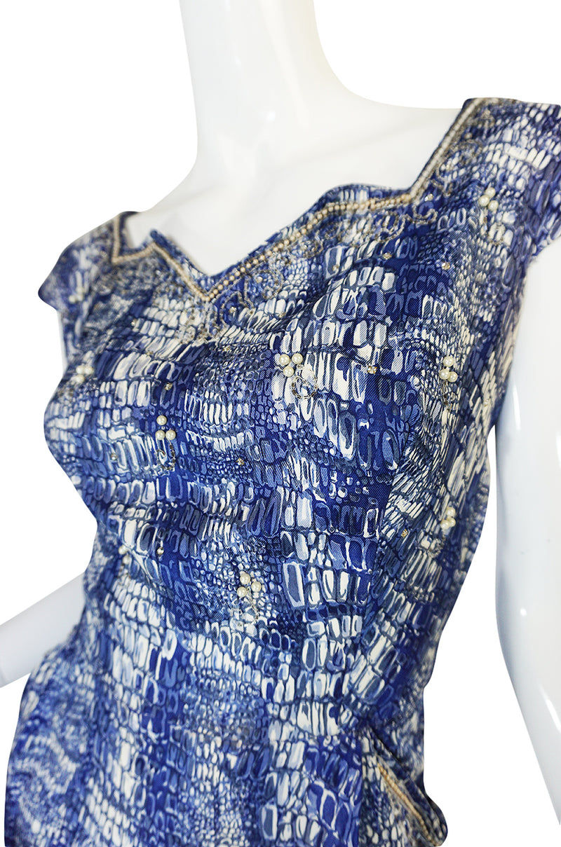 1940s Blue Crocodile/Alligator Print Silk Dress w Beaded Detail