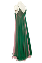 1960s Unlabeled Multiple Layered Pink & Green Chiffon Swing Maxi Dress