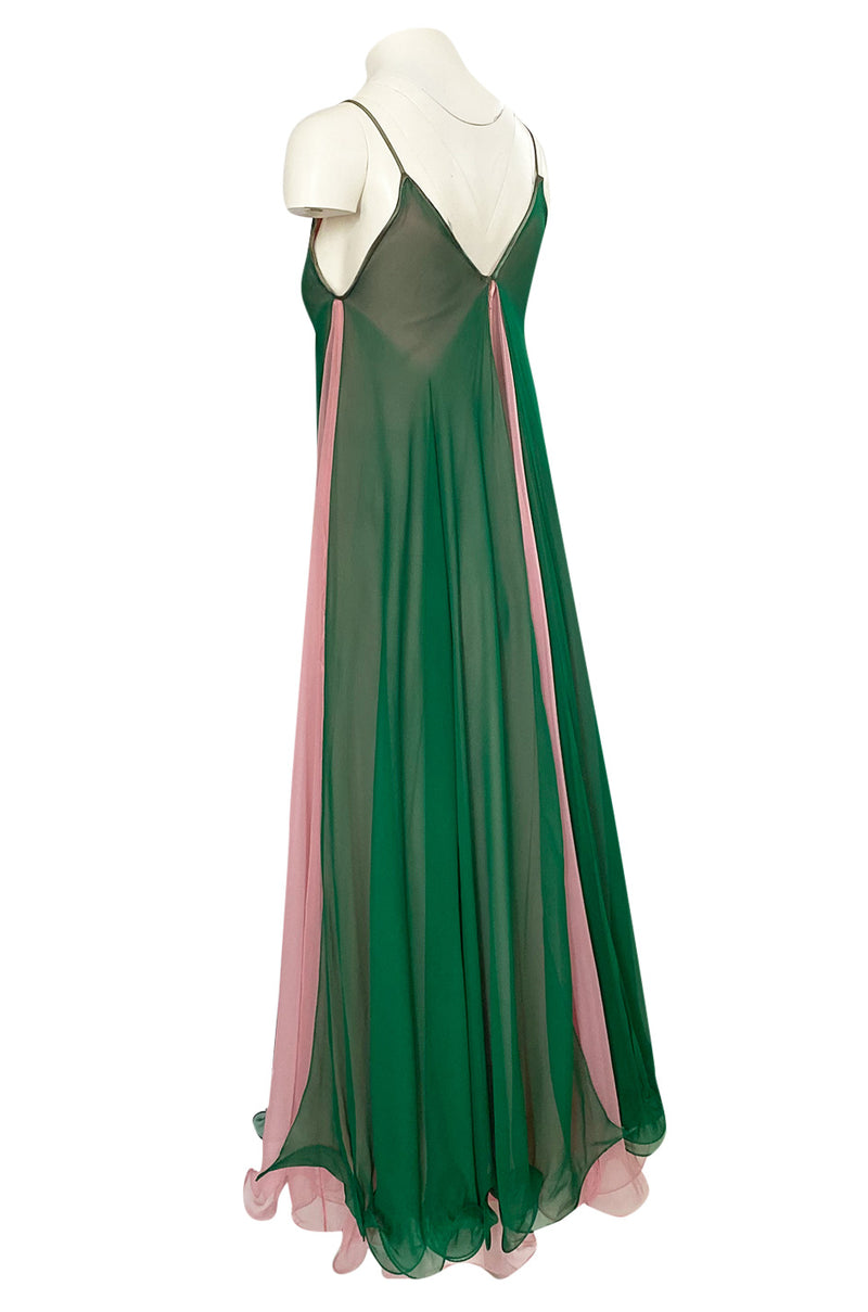 1960s Unlabeled Multiple Layered Pink & Green Chiffon Swing Maxi Dress