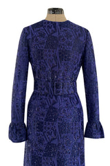Extraordinary 1971 Givenchy Azure Blue Woven Silk & Metallic Thread Dress w Ruffled Cuffs & Hem