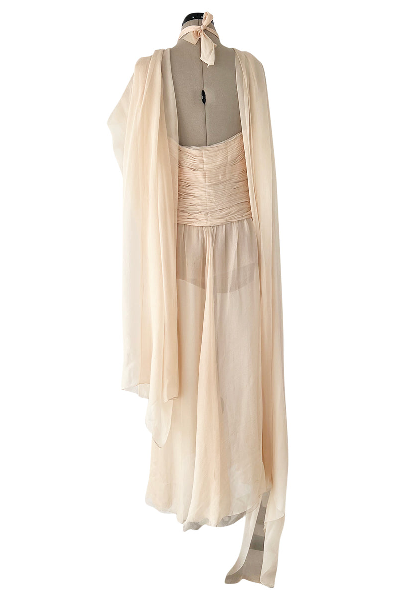 Incredible Spring 1985 Chanel by Karl Lagerfeld Pale Nude Silk Chiffon Dress w Attached Cape