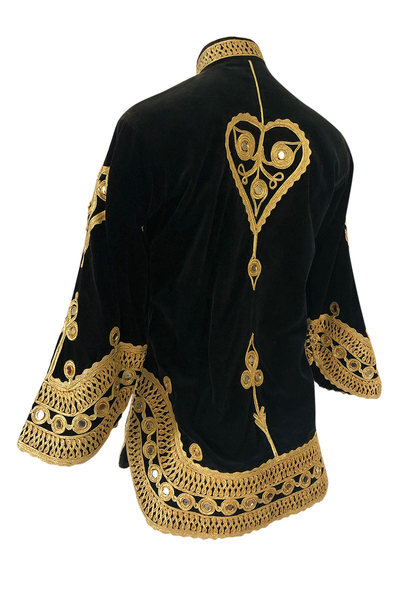 1960s Hand Applied Gold Cord & Mirrors on Black Velvet Tunic Top