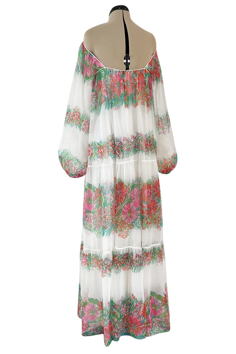 Prettiest 1970s Victor Costa Off Shoulder Floral Print Chiffon Caftan Dress