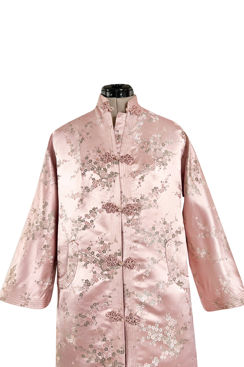 Prettiest 1960s Pink Silk Embroidered Asian Evening Coat w Top Stitched Cuffs & Collar