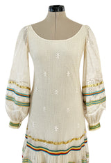 1975 Giorgio Sant' Angelo Hand Crochet Dress w Balloon Sleeves & Metallic Ribbon Detailing