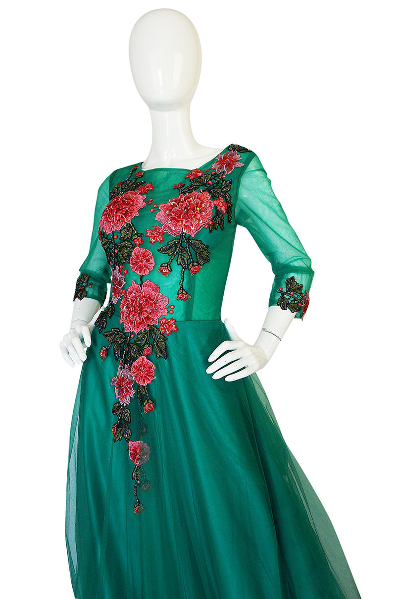 Vintage Trained Emerald Green Lace Tulle Gown w Floral Applique