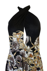 c.1976 Mac Tac Halter Tie Floral Printed Nylon Jersey Dress