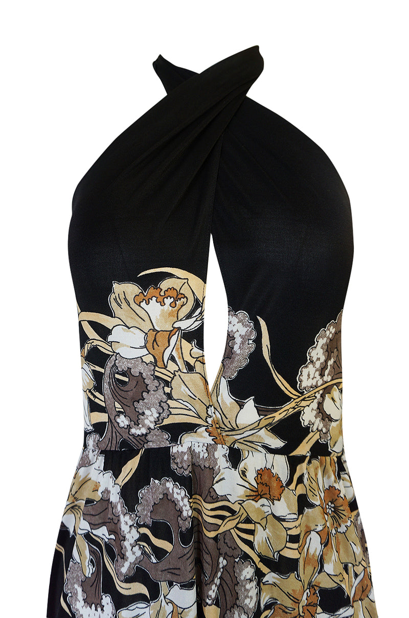 c.1976 Mac Tac Halter Tie Floral Printed Nylon Jersey Dress
