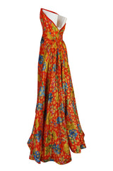 c.1998 Sully Bonnelly Red & Gold Floral Strapless Trained Dress