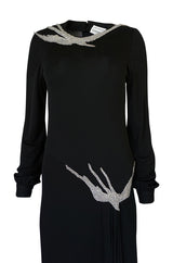 1970s John Anthony Demi-Couture Black Silk Jersey Dress w Hand Beaded Birds