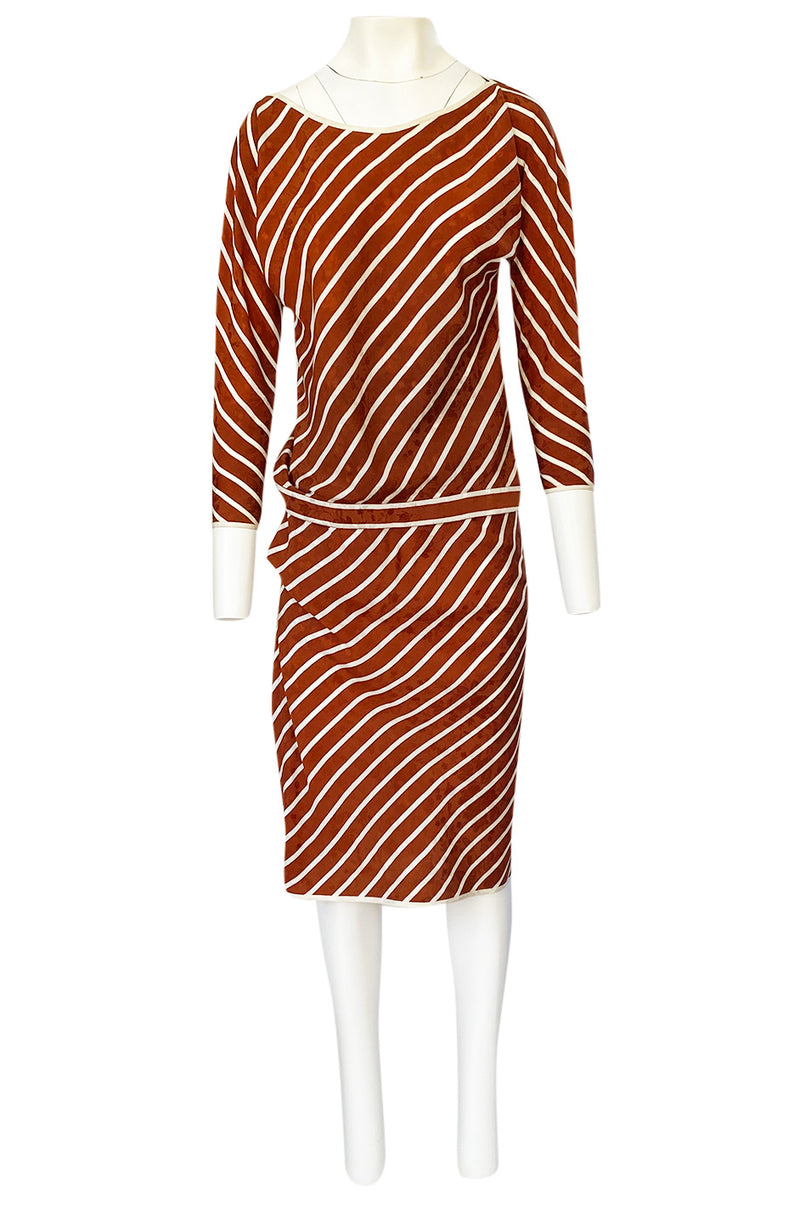 1980s Oscar de la Renta Rust and White Striped Silk Top & Skirt Set