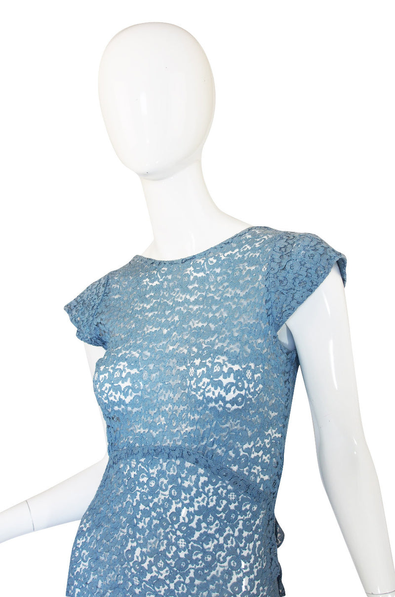 1930s Pale Blue Lace Ruffle Gown