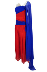 1970s Givenchy Bold Red & Blue Silk Chiffon One Shoulder Dress