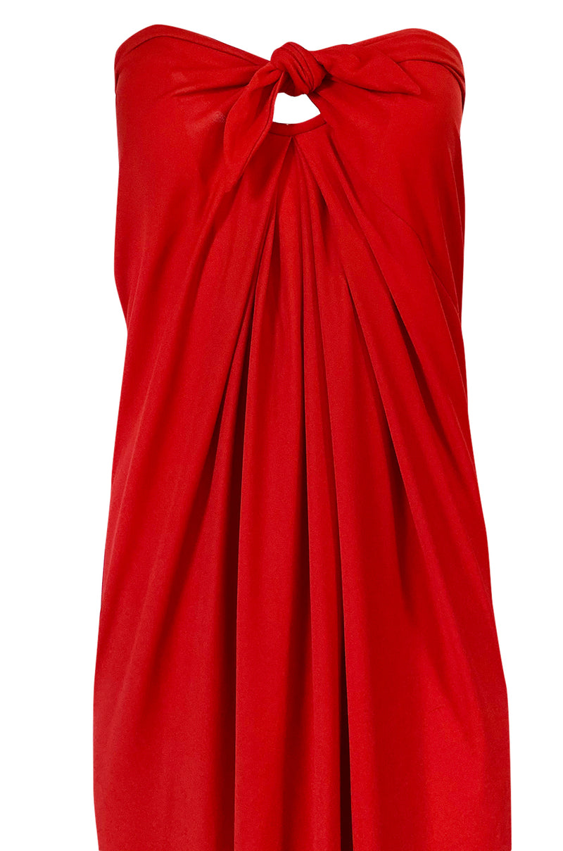 Iconic c1976 Halston Strapless Tie Front Sarong Red Jersey Dress