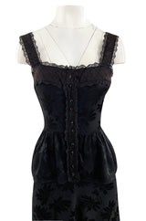 Rare 1970s Mary Quant Black Silk Floral Weave Maxi Dress w Peplum & Ruffled Hem