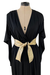 Documented 1980 Bill Tice Plunging Front Black Jersey Dress w Top Stitched Gold Belt
