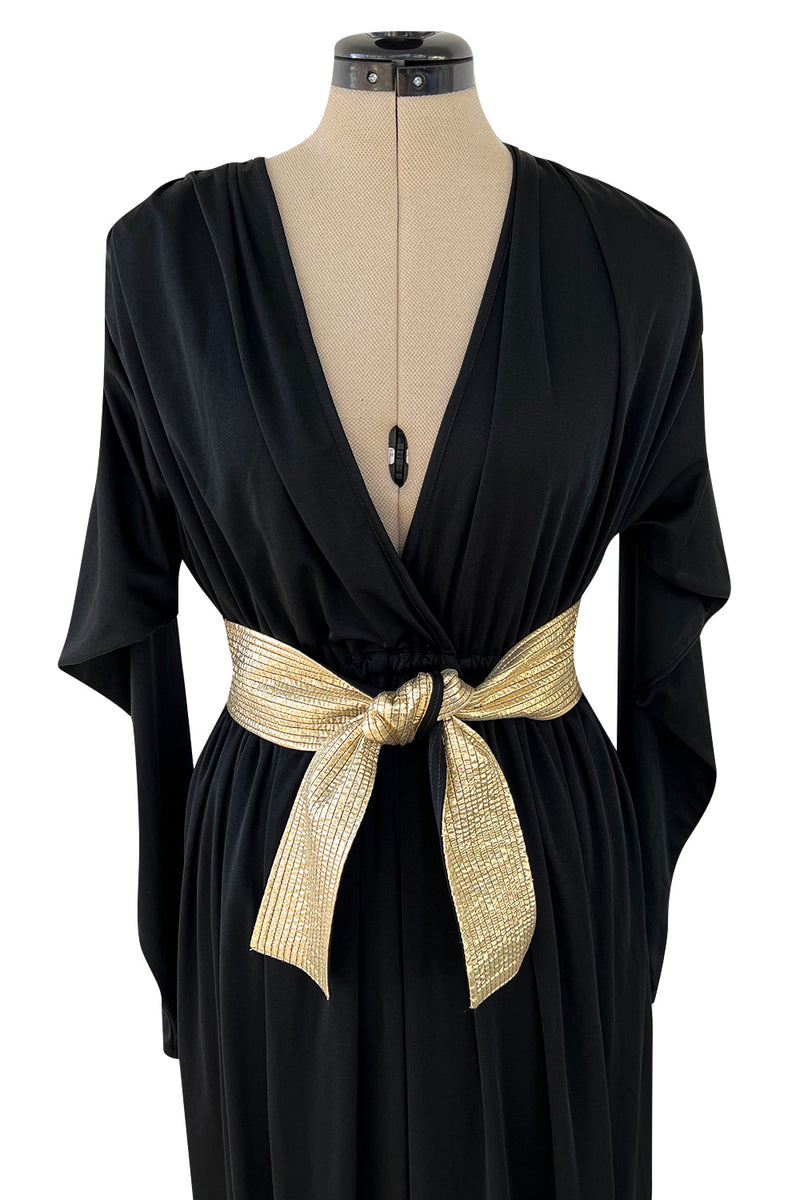 Documented 1980 Bill Tice Plunging Front Black Jersey Dress w Top Stitched Gold Belt