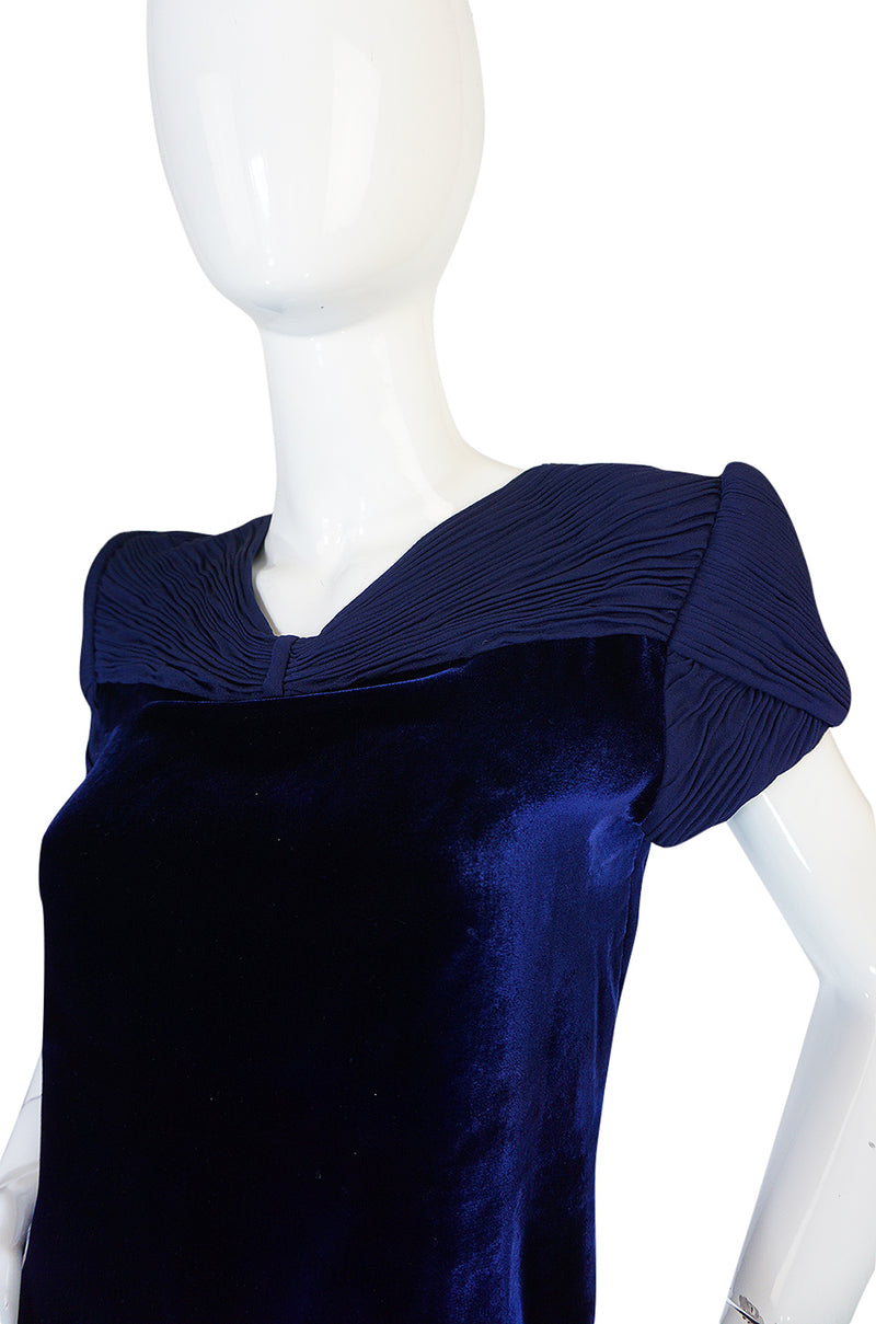 1980s Valentino Haute Couture Blue Silk Velvet Shift Dress