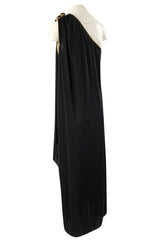 1981 Bill Tice Black One Shoulder Jersey Dress w Gold Lame Flower Detailing