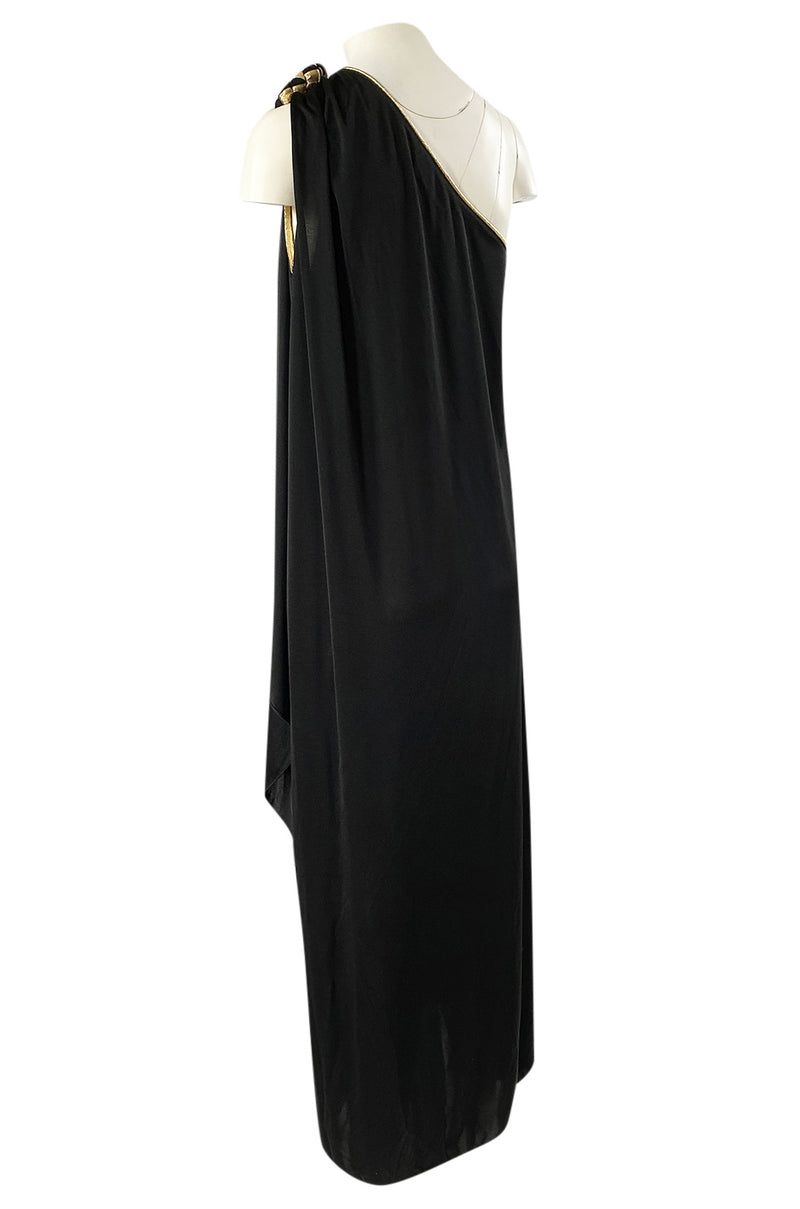 1981 Bill Tice Black One Shoulder Jersey Dress w Gold Lame Flower Detailing