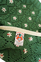 Rare 1930s Lanz Hand Knit Green Nubby Floral Sweater