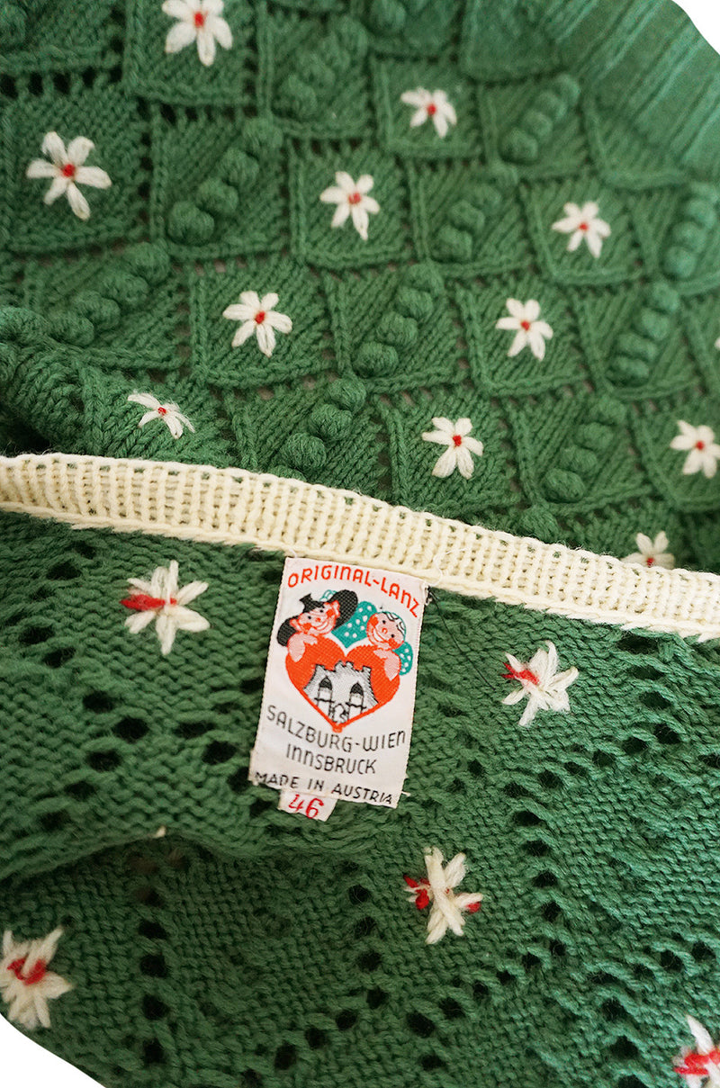Rare 1930s Lanz Hand Knit Green Nubby Floral Sweater