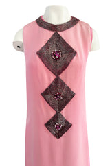Documented 1969 Pierre Cardin Couture Pink Silk Crepe Diamond Beaded Dress w Overlay