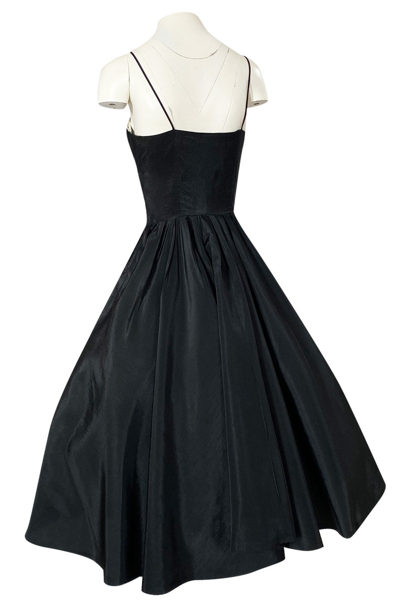 1950s Unlabeled Black Full Circle Skirted Silk Dress w Daisy Applique Bust