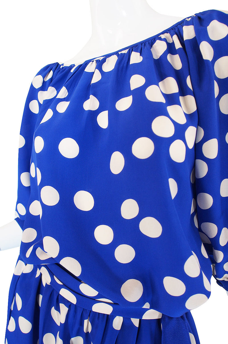 1970s Ted Lapidus Blue Silk Dot Dress