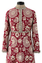 Stunning 1970s Adele Simpson Red & Gold Brocade Dress w Rhinestone Detailing