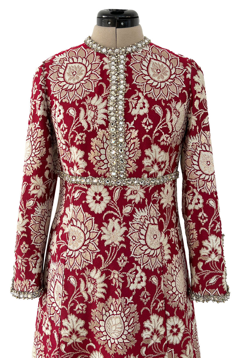 Stunning 1970s Adele Simpson Red & Gold Brocade Dress w Rhinestone Detailing