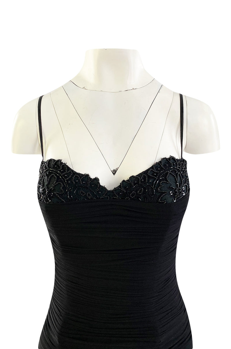 1980s Vicky Tiel Couture 'Kaimak' Gathered Black Net Fitted Dress w Beading Detailing