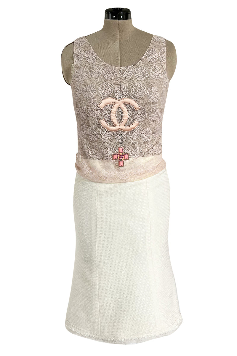 Chanel Beige Knit Top Sleeveless Logo Camella Vintage Small
