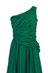 c.1984 Arnold Scaasi One Shoulder Green Draped Chiffon Dress